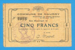 COMMERCE ) Cinq Francs - Commune De Nauroy  ( Aisne - 02 )- Noir Sur Beige - Bons & Nécessité