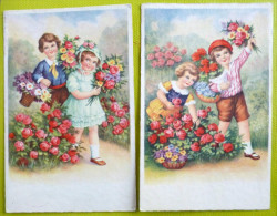 Cp LOT 2X Litho Meme ILLUSTRATEUR ROKAT 1422  DUO Enfants Enfant Dans JARDIN Fleur ROSE - Verzamelingen & Reeksen