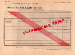 45 - ORLEANS- DECLARATION POUR L' OCTROI DE PARIS- CHEMIN DE FER PARIS A ORLEANS - Documenti Storici