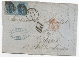 - Lettre - BELGIQUE - BRUXELLES - Cachet Rayé S/TP Médaillon à 20 Cmes Bleu X2 + Càd + "PD" Noir + Càd D'entrée Rouge - - 1849-1865 Medaillen (Sonstige)