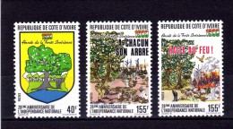 COTE IVOIRE  1988  MNH  - " 28e ANNIVERSAIRE INDEPENDANCE - FORET / ANIMAUX / OISEAUX "  -   3 VAL - Côte D'Ivoire (1960-...)