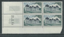 France N° 980 XX Château De Cheverny  En Bloc De 4 Coin Daté Du  20 . 5. 54 ; Sans Trait Sans Charnière, TB - 1950-1959