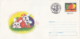 786FM- RABBITS, EASTER EGGS, COVER STATIONERY, 2000, ROMANIA - Rabbits