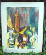 Belle Gouache "Nature Morte à La Bouteille", Signée - Waterverf