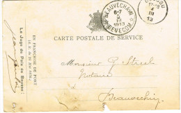 Carte De Service : Boussu 1913 Vers Beauvechain - Portofreiheit