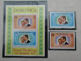 DOMINICA 1973 ROYAL WEDDING Princess ANNE To MARK PHILLIPS SET TWO STAMPS + MINISHEET MNH. - Dominique (1978-...)