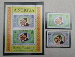 ANTIGUA 1973 ROYAL WEDDING Princess ANNE To MARK PHILLIPS SET TWO STAMPS + MINISHEET MNH. - 1960-1981 Autonomie Interne