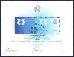 2013 SAN MARINO "25° ANNIVERSARIO INGRESSO SAN MARINO NEL CONSIGLIO D´EUROPA" FOGLIETTO ANNULLO PRIMO GIORNO - Usados