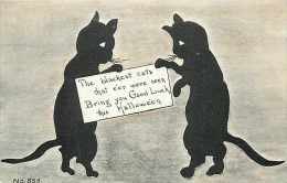 232147-Halloween, F.A. Owen No 853, Black Cats Standing On Hind Legs Holding White Sign With Message - Halloween