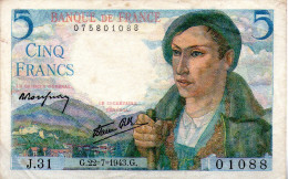 France,5 Francs Type Berger, July 22nd 1943,P.98a,Alphabet J 31,see Scan - 5 F 1943-1947 ''Berger''