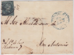1855-H-20.* CUBA ESPAÑA SPAIN. ISABEL II. 1855. Ed.Ant.1. SOBRE ½ R. DE LA HABANA. MARCA BAEZA HABANA AZUL 1856. - Préphilatélie
