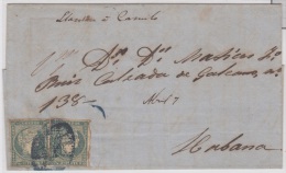 1856-H-25.* CUBA ESPAÑA SPAIN. ISABEL II. 1856. Ed.Ant.4. SOBRE PAREJA ½ R. MARCA PARRILA AZUL. - Voorfilatelie