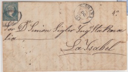 1857-H-109.* CUBA ESPAÑA SPAIN. ISABEL II. 1857. Ed.Ant.7. SOBRE ½ R. MARCA HABANA TIPO III (1) NEGRO. AL INGENIO - Prephilately