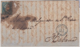 1857-H-128.* CUBA ESPAÑA SPAIN. ISABEL II. 1857. Ed.Ant.7. SOBRE  ½ R. FECHADOR DE CIENFUEGOS EN VERDE.DEFECTOS V - Prephilately