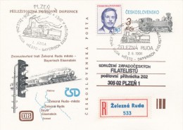 I0097 - Czechoslovakia (1991) Postal Stationery: Reopening The Railway Line, Spec. Transport. (02) Zel. Ruda - Plzen 2 - Cartes Postales