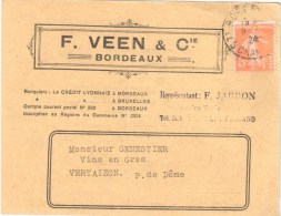 3058 BORDEAUX Carte Postale Commerciale Tarifs De Vins De Bordeaux De 1922 Ste VEEN & Cie 5c Orange Yv 158 Ob 1924 - Lettres & Documents