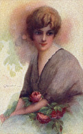 Illustrée Signée C. MONESTIER : Femme à La Rose Rouge - Monestier, C.