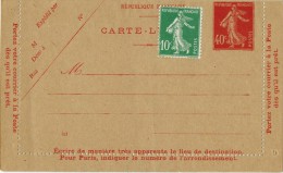 Entier Postal Carte Lettre Semeuse 40 C + 1 Timbre Semeuse 10 C + Petit C Ou 9 En Coin Inférieur Droit - Kartenbriefe