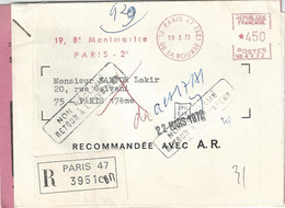 2876 PARIS 47 Lettre Recommandée 1972 Avec Avis De Réception AR Griffe Non Reclamé Retour à L'Envoyeur EMA NB 4,50 F - EMA ( Maquina De Huellas A Franquear)