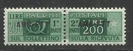 TRIESTE A 1949 - 1953 VARIETÀ AMG-FTT ITALY OVERPRINTED SOPRASTAMPATO D' ITALIA PACCHI POSTALI LIRE 200 MNH BEN CENTRATO - Paketmarken/Konzessionen