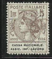 ITALY KINGDOM  ITALIA REGNO 1924 PARASTATALI CNAIL CASSA NAZIONALE ASSICURAZIONI INFORTUNI SUL LAVORO LIRE 5 USATO USED - Franquicia