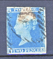 UK 1841 Victoria N. 4a - 2 Penny Azzurro Chiaro, Lettere B-K, USATO - Oblitérés