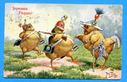 NOV496, Joyeuses Pâques, Poussin Militaire, Fusil, Sabre, Régiment De Poussins, Soldat, Armée, Fantaisie, Circulée 1914 - Pascua