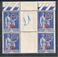 (L131) N° 479 Paix Surchargé Variété = 2 Timbres Du Haut Plus Petits (voir Scan) NSG Bloc De 4  Interpanneau Supérieur - Ungebraucht