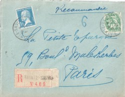 2905 Sainte SAVINE Aube Lettre Recommandée 5c Blanc Yv 111   1 F Pasteur Bleu Yv 179  Ob 6 2 1923 - Storia Postale