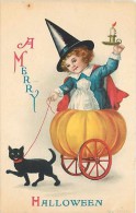 233407-Halloween, Wolf No 901-1, Ellen Clapsaddle, Girl Riding In A Pumpkin Cart Pulled By Black Cat - Halloween