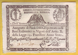 REPUBBLICA ROMANA - Assignat De 10 Paoli. 1798-99.  Pick: S332.  SUP+ - Autres & Non Classés