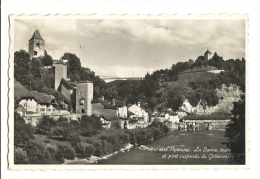 Cp, Suisse, Fribourg, La Sarine, Tours Et Pont Suspendu Du Gotteron, Voyagée 1947 ? - Fribourg
