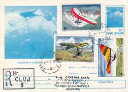 PARACHUTTING, DELTAPLANE, STAMPS, REGISTERED PC STATIONERY, ENTIER POSTAUX, 1994, ROMANIA - Parachutisme