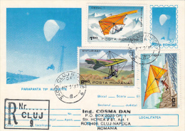 PARACHUTTING, DELTAPLANE, STAMPS, REGISTERED PC STATIONERY, ENTIER POSTAUX, 1994, ROMANIA - Fallschirmspringen