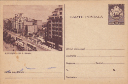 TRAM, TRAMWAY, BUCHAREST- BALCESCU BOULEVARD, PC STATIONERY, ENTIER POSTAUX, ROMANIA - Tranvie