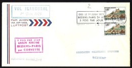 LETTRE RARE DE FRANCE-  VOL INAUGURAL 1 JUIN 1975 PAR CORVETTE BEZIERS-PARIS- AERODROME BEZIERS-VIAS + HORAIRES DES VOLS - Primeros Vuelos