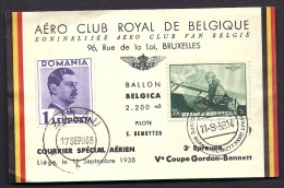AÉROGRAMME PAR BALLON "BELGICA" PILOTÉ PAR DEMUYTER  11-7-1938 POUR ROUMANIE + COUPE GORDON-BENNETT- 2 SCANS - Posta Aerea