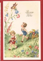 NH-23  Bonne Fête, Garçon Et Fillette En Promenade Dans Les Fleurs Avec Petit Char. Cachet 1952 - Autres & Non Classés