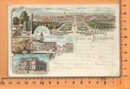 KARLSRUHE: Gruss, Litho Multi Vues, Panorama, Krieger Denkmal, Marktplatz, Hoftheater - Karlsruhe