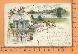 KARLSRUHE: Gruss, Litho Multi Vues,  Stadtgarten-See, Festhalle, Malsch Brunnen ++ Bahnpost Zug 138 - Karlsruhe