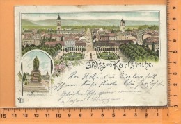 KARLSRUHE: Gruss, Litho Multi Vues, Panorama, Friedrichsdenkmal, - Karlsruhe