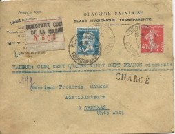 1927 - SEMEUSE + PASTEUR - ENVELOPPE CHARGEE De BORDEAUX Pour TESSON - 1922-26 Pasteur