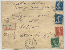 1913 - SEMEUSE - ENVELOPPE CHARGEE De PARIS => TESSON - 1906-38 Säerin, Untergrund Glatt