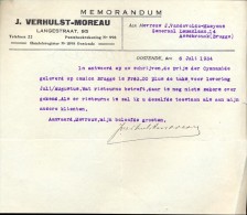 Facture Faktuur - Brief Lettre - Memo Verhulst - Moreau Oostende 1934 - Agriculture