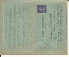 1911 - SEMEUSE - CARTE-LETTRE ENTIER PNEUMATIQUE - DATE 337 - COTE = 60 EUROS - Pneumatische Post