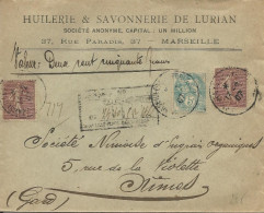 1907 - SEMEUSE + BLANC - ENVELOPPE CHARGEE De MARSEILLE Pour NIMES (GARD) - 1903-60 Säerin, Untergrund Schraffiert