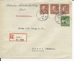 SUEDE - 1937 - ENVELOPPE RECOMMANDEE De LUND Pour BASEL (SUISSE) - Covers & Documents