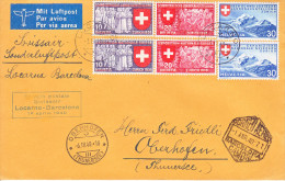 1ER VOL LOCARNO-BARCELONA-10.04.1940-JOLI AFFRANCH-CACHETS DIVERS-TTB - First Flight Covers