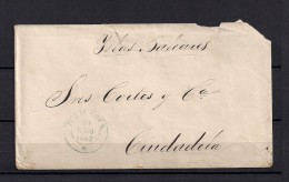 1867, SOBRE CIRCULADO ENTRE CUBA Y CIUDADELA EN MENORCA, FECHADOR DE LA HABANA, TIRA DE 4 ED. 19, MAT. PARRILLA, LLEGADA - Cuba (1874-1898)