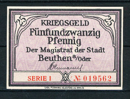 Deutschland Kriegs-Notgeld Beuthen An Der Oder Magistrat 25 Pfennig Serie I 6 Stellig Gültig Bis 31.12.1920 Erhaltung I - [11] Local Banknote Issues
